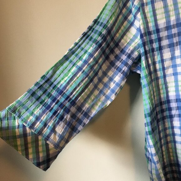 Vintage Alia Plaid Seersucker Green & Blue Picnic Button Down Shirt - Picture 5 of 16